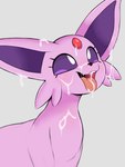 ambiguous_gender arteficialtrees bodily_fluids cheek_tuft colored cross-eyed cum cum_drip cum_on_face cum_on_tongue cute_fangs dripping eeveelution espeon eyelashes facial_tuft feral forehead_gem fur gem generation_2_pokemon genital_fluids grey_background nintendo open_mouth pink_body pink_fur pokemon pokemon_(species) quadruped simple_background solo tongue tongue_out tuft white_eyes