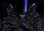 6_fingers alien alien_(franchise) ambiguous_gender bared_teeth black_background black_body claws crossed_arms exoskeleton eyeless fingers fog glistening glistening_body hi_res sharp_teeth silver_claws silver_teeth simple_background solo tamhigan_(artist) teeth xenomorph