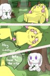 2014 2:3 alternate_color cleft_tail comic dialogue digital_media_(artwork) duo eating english_text fan_character female feral fur generation_1_pokemon hi_res lagomorph lantha leporid lying mammal milachu milachu92 nintendo pikachu pink_eyes pokemon pokemon_(species) pokemon_speak purple_eyes rabbit rodent speech_bubble tail text white_body white_fur yellow_body yellow_fur