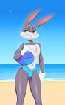 5:8 anthro bag beach bugs_bunny clothed clothing femboy fur gloves grey_body grey_fur handwear hi_res jackofak lagomorph leporid looney_tunes male mammal outside partially_clothed rabbit seaside skimpy slim solo swimming_trunks swimwear warner_brothers