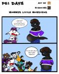 anthro babysitter belly big_belly big_breasts breasts butt canid canine canis chimangetsu clothed clothing comic dialogue digital_media_(artwork) domestic_dog electra_(chimangetsu) english_text female group hair hi_res mammal open_mouth pregnant purple_hair sherri_mayim simple_background technicolorpie text tongue young young_anthro