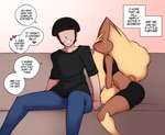 absurd_res anthro bottomwear brown_body clothed clothing comic dialogue english_text femboy furniture generation_4_pokemon hi_res human lopunny male mammal nintendo pants pokemon pokemon_(species) saltyxodium sofa text