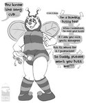 5:6 absurd_res ageplay anthro bear bee_costume blush bottlebear clean_diaper clothed clothing dialogue diaper diaper_fetish diaper_under_clothing diaper_under_onesie english_text front_view hi_res humiliation infantilism lyrics male mammal manor_(bottlebear) monochrome offscreen_character onesie open_mouth roleplay sex_toy simple_background singing solo standing text vibrator wand_vibrator wearing_diaper white_background