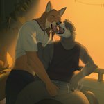 anthro canid canine cigarette clothed clothing duo forked_tongue fox french_kissing hi_res kissing male male/male mammal muscular mustelid open_mouth sergevna sitting standing tongue tongue_out