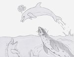 2018 ambiguous_gender anus cetacean dialogue dolphin dorsal_fin english_text female female_(lore) feral fin flippers flukes genitals group hatching_(art) hi_res imminent_oral_vore imminent_vore insult jumping leopard_seal male_(lore) mammal marine markings midair natiq oblivious partially_submerged pinniped pussy salome_(strega) seal shaded speech_bubble spots spotted_body strega talking_feral text toothed_whale trio