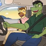 1:1 alligator alligatorid car clothed clothing comic crocodilian driving duo fully_clothed fuze hi_res hyena inside_car inside_vehicle male mammal reptile scalie sitting vehicle