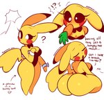 anthro blush bow_tie breasts bunny_costume butt carrot clothing confusion costume english_text female food generation_1_pokemon hi_res nintendo pikachu plant pokemon pokemon_(species) puppysnackz shocked solo text thick_thighs vegetable