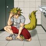 1:1 abs anthro bathroom black_nose blonde_hair bodily_fluids bulge canid canine canis claws clothing crouching door feet forced forced_transformation fur genital_fluids growth hair hand_on_floor hand_on_forehead hand_on_head hi_res human humanoid male mammal messy_hair muscle_growth muscular mythological_canine mythological_creature mythology paws precum precum_through_clothing rowan_(asherdice) scared school sink solo story story_in_description tail tail_growth_in_pants toluenesister transformation were werecanid werecanine werewolf wet wet_clothing wolf worried yellow_body yellow_fur