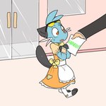 1:1 anthro black_body black_fur blue_body blue_fur blush cafe clothed clothing colored dewott door dress eyewear female fur generation_5_pokemon hi_res hired kipaki maid_cafe maid_uniform nintendo paper pokemon pokemon_(species) solo sunglasses surprised_expression tail uniform whiskers