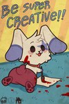 2023 2:3 absurd_res advice ambiguous_gender anthro bebe_(orcakingu) blood blood_on_face blood_on_ground bodily_fluids bottomwear bow_tie brush chibi clothing cotton_tail digital_drawing_(artwork) digital_media_(artwork) hi_res lagomorph leporid long_ears looking_at_viewer mammal markings on_ground open_mouth orcakingu pants rabbit red_bottomwear red_clothing red_pants solo star_(marking) text white_body