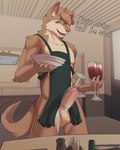 4:5 absurd_res alcohol anthro apron apron_only athletic balls beverage brown_body brown_fur canid canine canis clothing container cup dazze domestic_dog drinking_glass erection floppy_ears fur genitals glass glass_container glass_cup hi_res humanoid_genitalia humanoid_penis i_dk_i looking_at_viewer male mammal penis plate solo tan_body tan_fur wine wine_glass