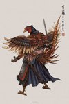 2021 anthro armor asian_clothing avian barefoot bird chinese_clothing chinese_text clothed clothing common_pheasant east_asian_clothing fantasy feet fully_clothed furgonomics galliform hi_res jian lamellar_armor looking_at_viewer male melee_weapon muyang_fort phasianid phasianus robe solo sword text twenty-eight_mansions warrior weapon wings