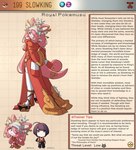 anthro clothing english_text fangs female footwear generation_2_pokemon hair hi_res high_heels human kinkymation male mammal nintendo pink_body pink_hair pink_skin pokemon pokemon_(species) purple_eyes purple_hair shell_hat shoes slowking teeth text