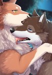 2024 ambiguous/ambiguous ambiguous_gender aneri_(tsukune_minaga) black_nose blue_eyes brown_body brown_fur brown_inner_ear_fluff canid canine canis cheek_tuft comic cover_art digital_media_(artwork) duo eye_contact eyelashes facial_markings facial_tuft facing_each_other feral fur haueru_(tsukune_minaga) head_markings hug hybrid inner_ear_fluff licking looking_at_another mammal markings multicolored_body multicolored_fur neck_lick open_mouth pink_tongue prick_ears red_body red_fur romantic romantic_couple snout teeth tongue tongue_out tsukune_minaga tuft white_body white_fur white_inner_ear_fluff wolf wolfdog yellow_eyes