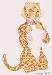 2020 anthro blonde_hair blush breasts collar countershading digital_drawing_(artwork) digital_media_(artwork) felid female genitals gesture hair hand_gesture heart_symbol leopard looking_at_viewer mammal navel nude pantherine pussy simple_background solo uumi v_sign