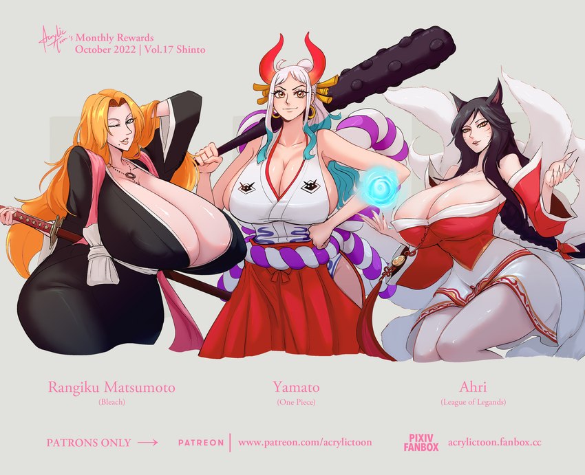 ahri, rangiku matsumoto, and yamato (east asian mythology and etc) created by acrylictoon