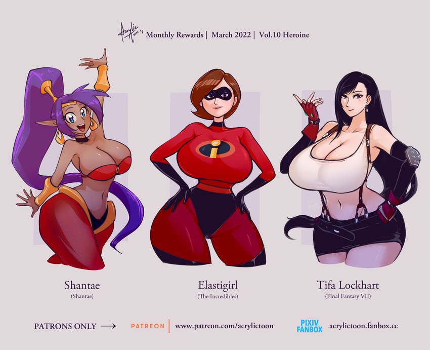 helen parr, shantae, and tifa lockhart (final fantasy vii and etc) created by acrylictoon