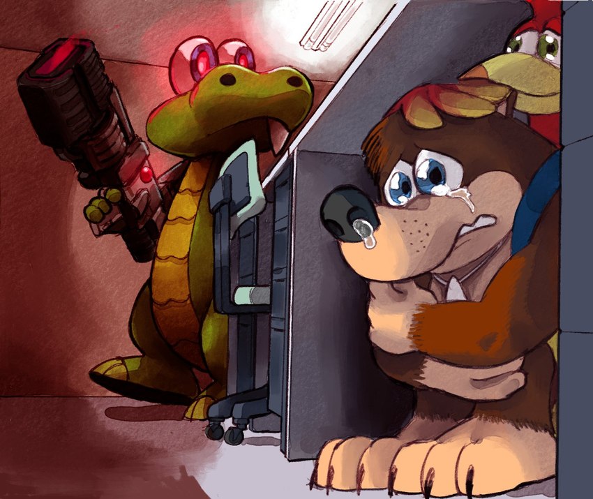 banjo, croc, and kazooie (hiding from terminator (meme) and etc) created by ppdpplart