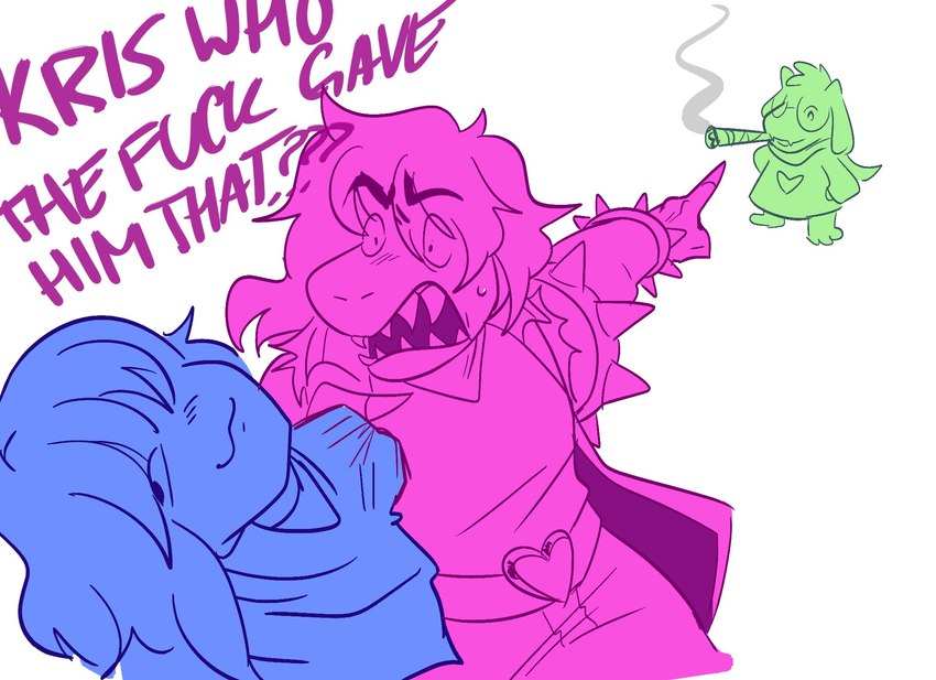 kris, ralsei, and susie (ralsei smoking blunt and etc) created by almguav