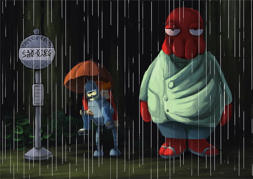 bender bending rodríguez, doctor zoidberg, and philip j. fry (my neighbor totoro and etc) created by foxeaf