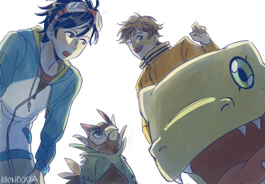 agumon, falcomon, minoru hyuga, and takuma momozuka (digimon survive and etc) created by kbondoxxa