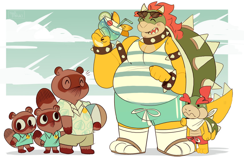 bowser, bowser jr., timmy nook, tom nook, and tommy nook (animal crossing and etc) created by moodytanuki