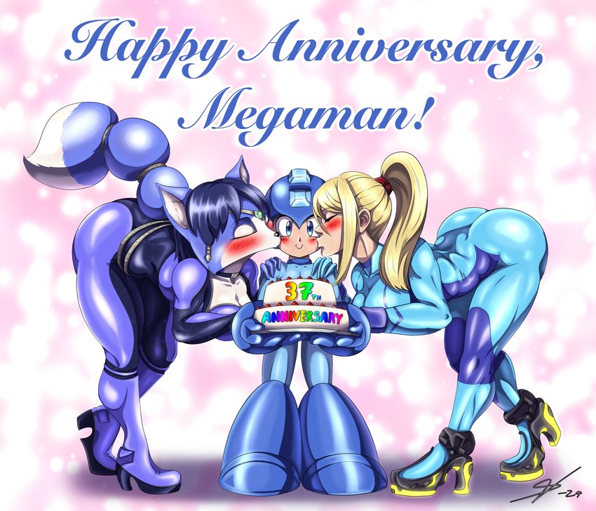 krystal, mega man, and samus aran (mega man (series) and etc) created by souleatersaku90