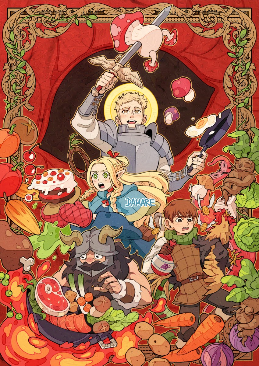 chilchuck tims, laios touden, marcille donato, and senshi (delicious in dungeon and etc) created by damare