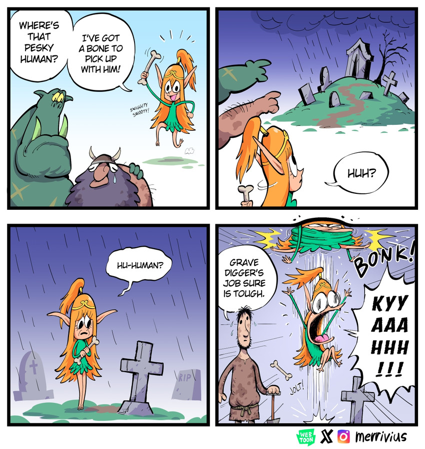 dwarf, elf, human, and orc (elf comic) created by merrivius
