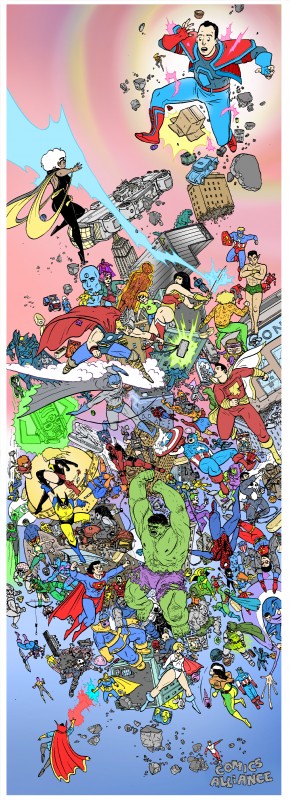 the invisible woman, the human torch, death, spider-man, skrull captain america, and etc (scott pilgrim (series) and etc) created by ulises farinas