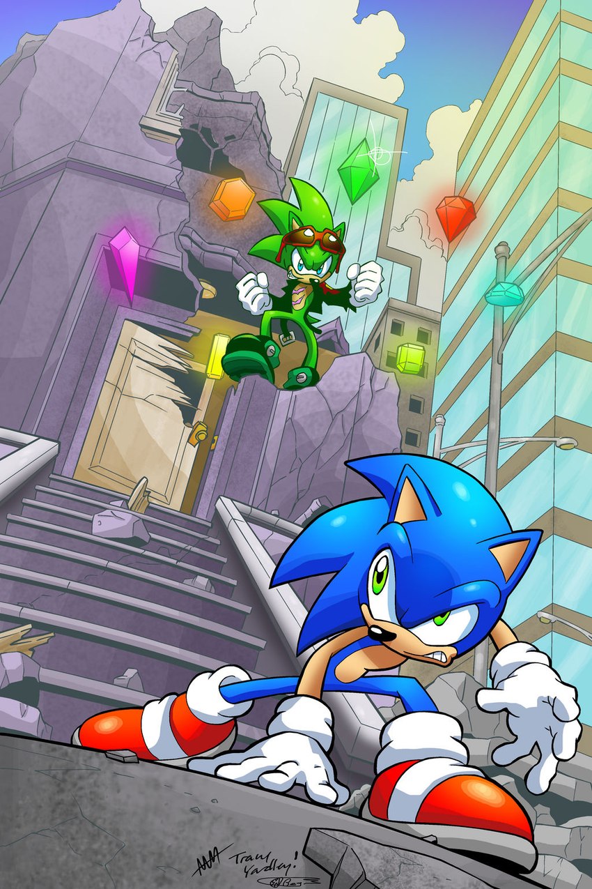 scourge the hedgehog and sonic the hedgehog (sonic the hedgehog (archie) and etc) created by drewdini, tracy yardley, and ziggyfin