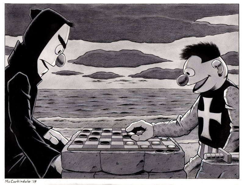 antonius block, bert, death, and ernie (the seventh seal and etc) created by bruce mccorkindale