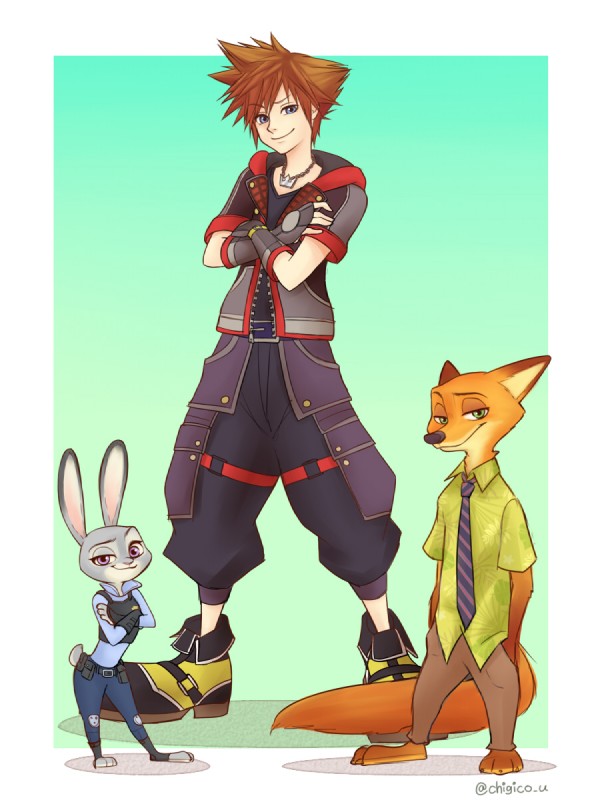 judy hopps, nick wilde, and sora (kingdom hearts and etc) created by chigico u