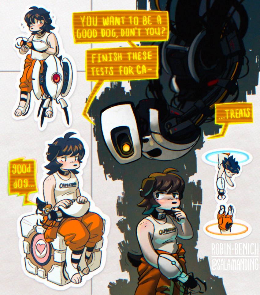 chell, glados, potatos, turret, and weighted companion cube (portal (series) and etc) created by salamanding