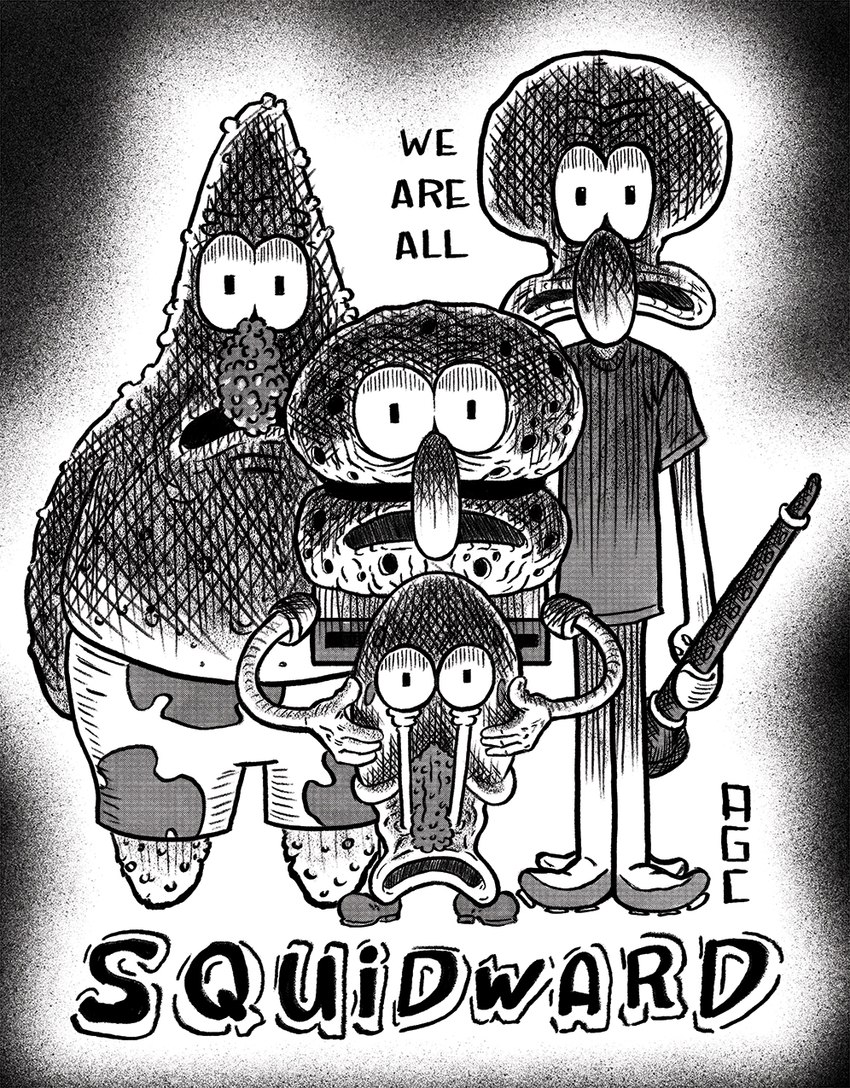 gary the snail, patrick star, spongebob squarepants, and squidward tentacles (junji ito (copyright) and etc) created by adriangcornejo