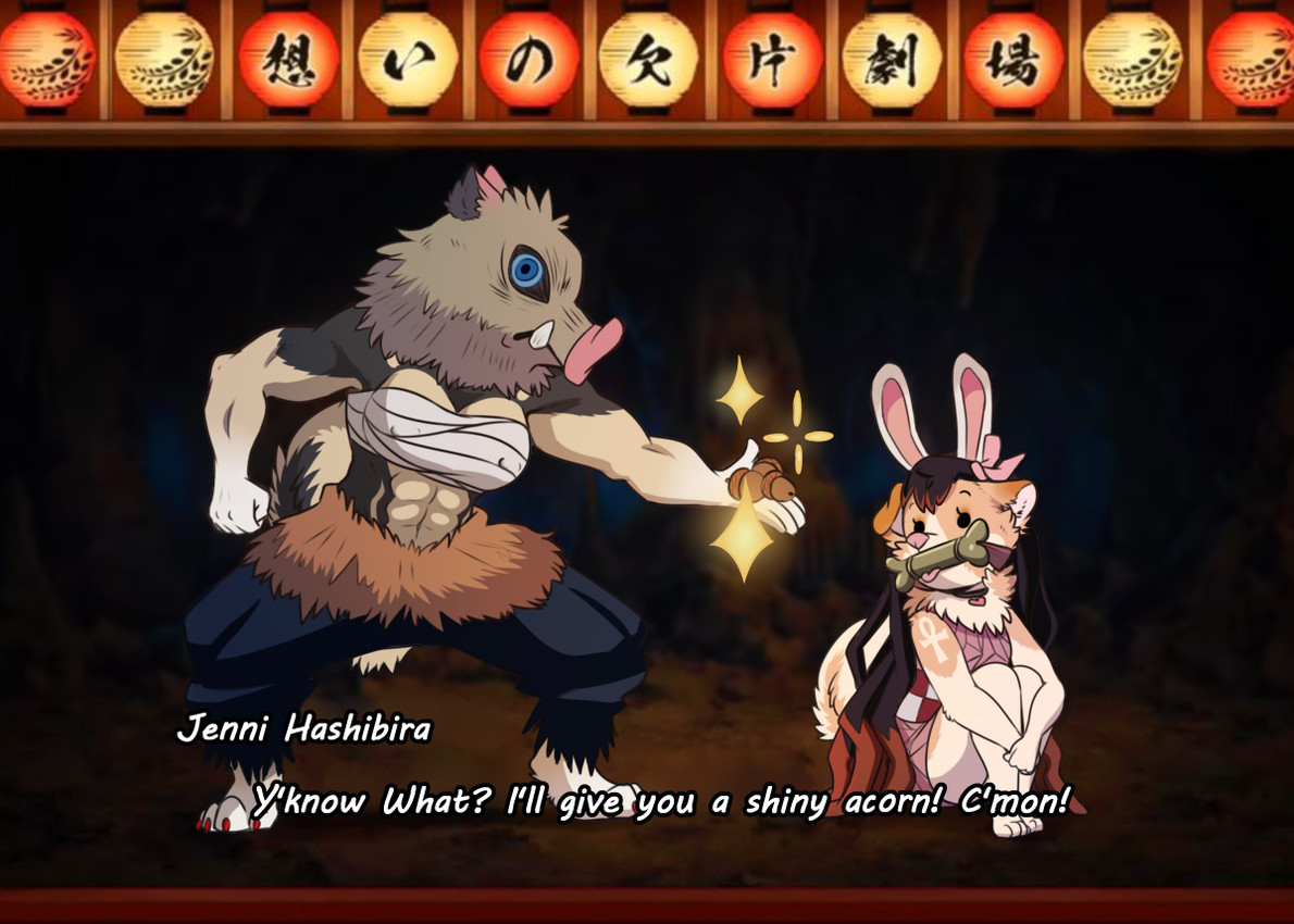 inosuke hashibira, nezuko kamado, and rika (demon slayer) created by rika (artist)