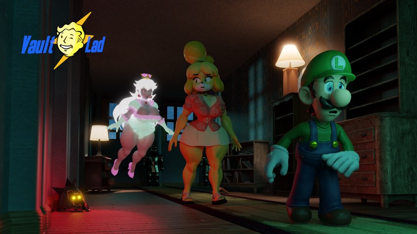 boosette, isabelle, and luigi (animal crossing and etc) created by vaultlad