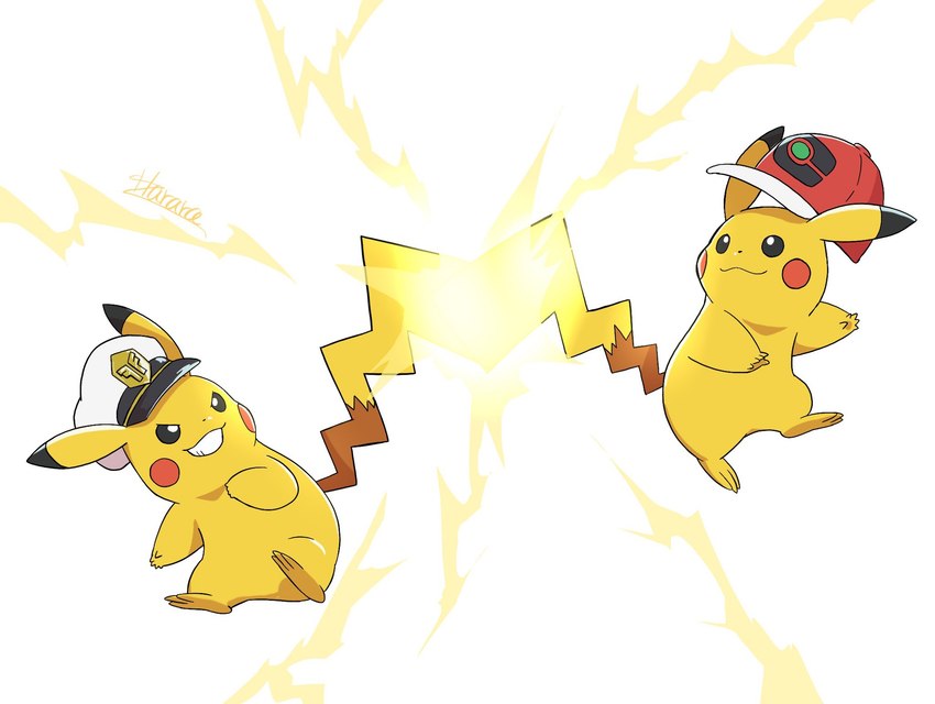 ash's pikachu, captain pikachu, and world cap pikachu (nintendo and etc) created by harara