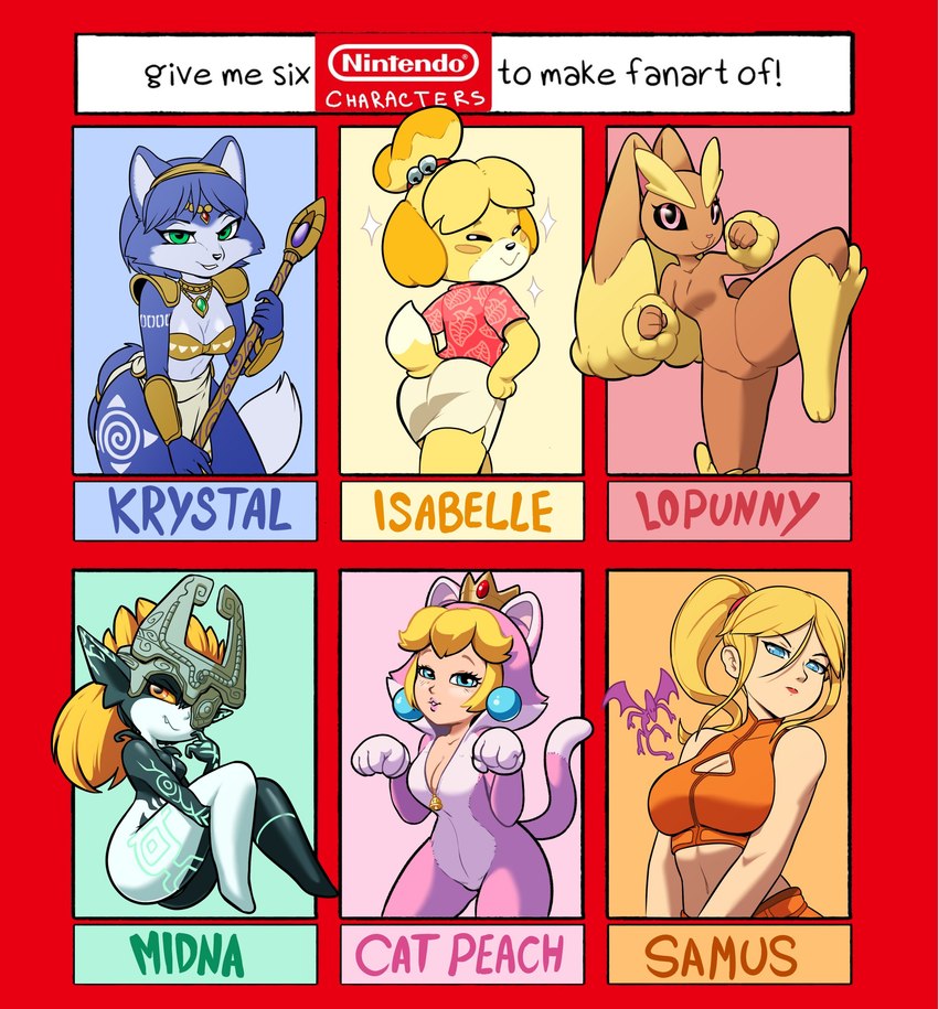 isabelle, krystal, princess peach, samus aran, cat peach, and etc (six fanarts challenge and etc) created by senorkah