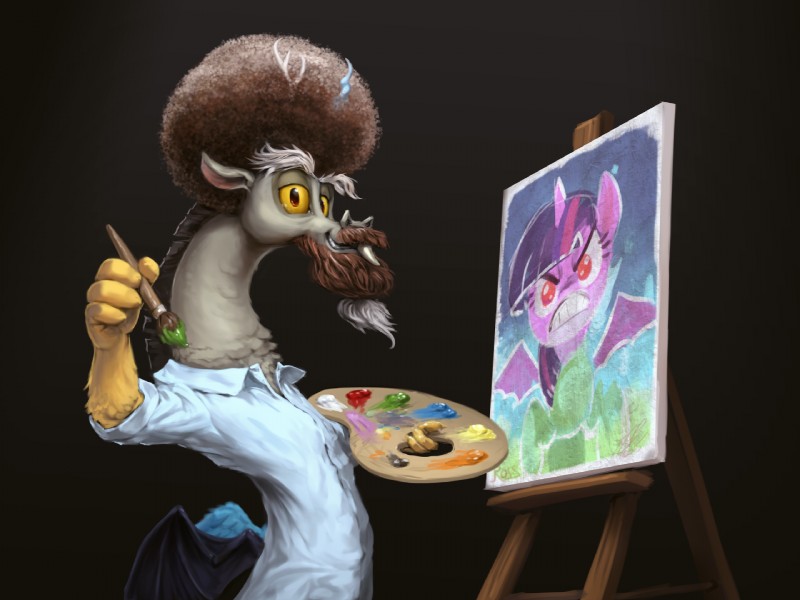 bob ross, discord, and twilight sparkle (friendship is magic and etc) created by assasinmonkey