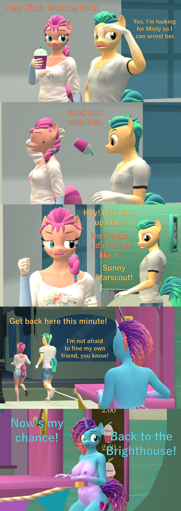 hitch trailblazer, misty brightdawn, and sunny starscout (my little pony and etc) created by papadragon69