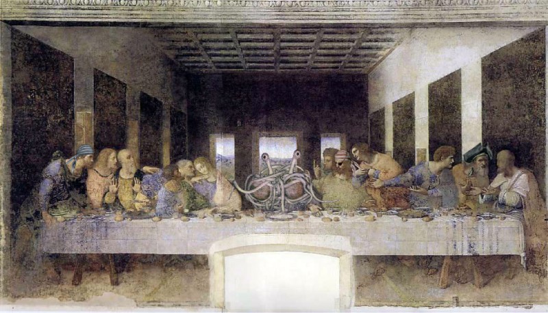 flying spaghetti monster (the last supper) created by leonardo da vinci (artist), third-party edit, and unknown artist