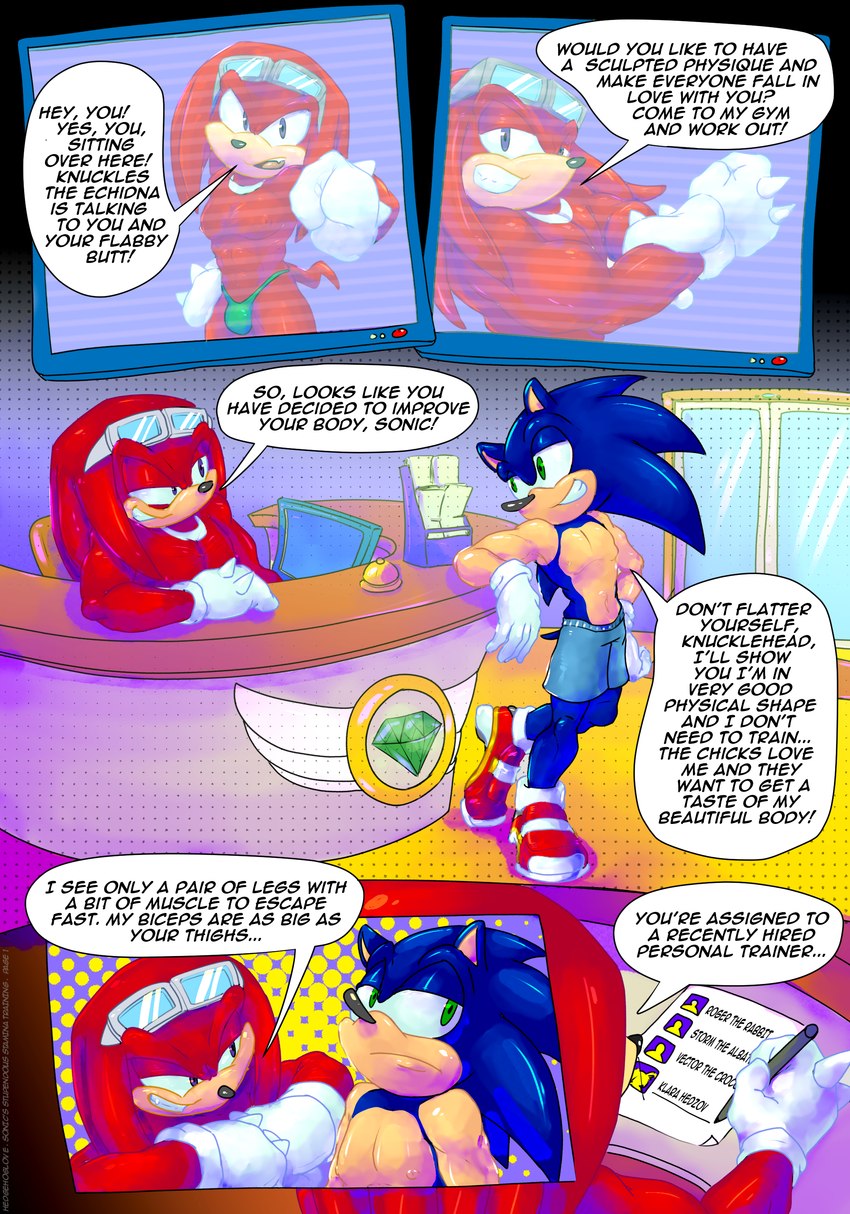 knuckles the echidna and sonic the hedgehog (sonic the hedgehog (series) and etc) created by hedgehoglove