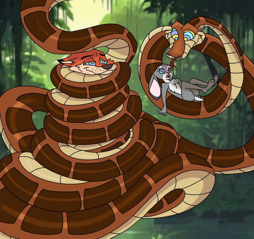 judy hopps, kaa, and nick wilde (the jungle book and etc) created by mooncouple