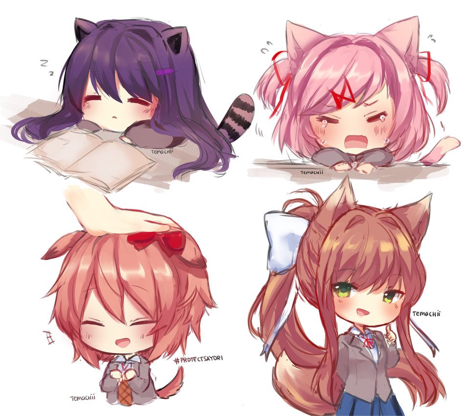 monika, natsuki, sayori, and yuri (doki doki literature club! and etc) created by temachii (artist)