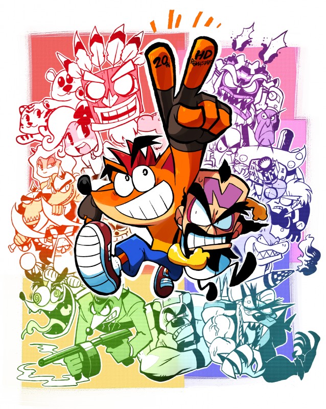 doctor neo cortex, pinstripe potoroo, crunch bandicoot, crash bandicoot, tawna bandicoot, and etc (crash bandicoot (series) and etc) created by rariatoo