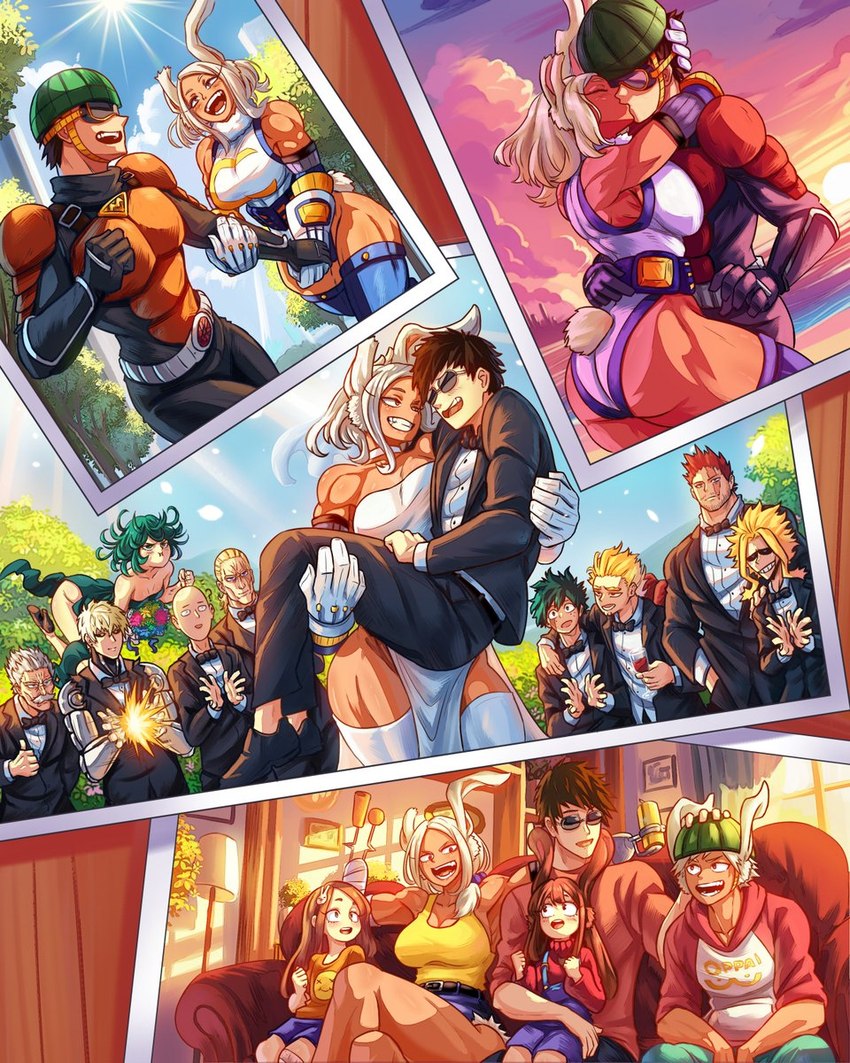 saitama, genos, izuku midoriya, rumi usagiyama, toshinori yagi, and etc (my hero academia and etc) created by vlizz