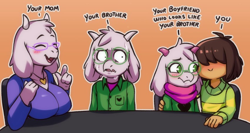 asriel dreemurr, kris, ralsei, and toriel (undertale (series) and etc) created by brachyzoid