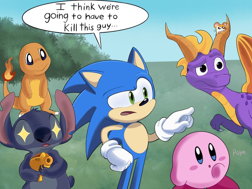 hamtaro, kirby, sonic the hedgehog, spyro, and stitch (i think we're gonna have to kill this guy and etc) created by vanillabean-bunny