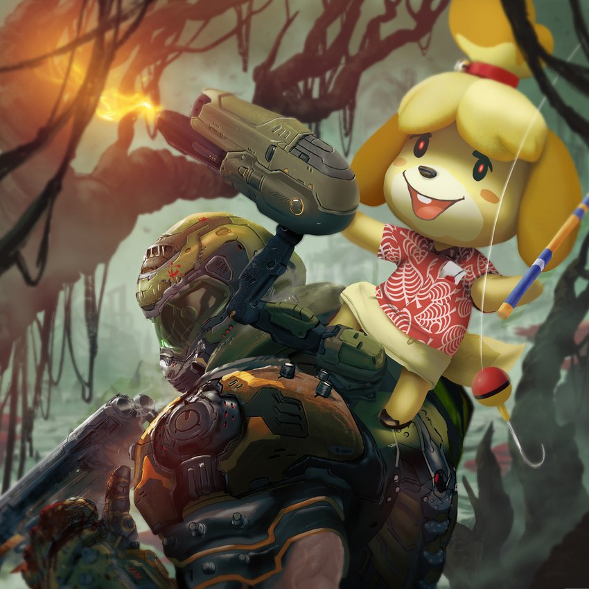 doom slayer and isabelle (animal crossing and etc) created by rubendevela